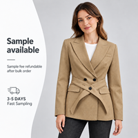 Blazer kaki uni pour femme en tissu peigné respirant, veste à manches longues croisée avec fermeture boutonnée et ceinture, coupe droite