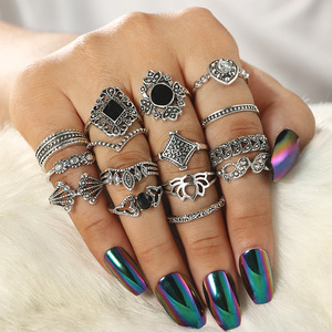 Anillo de cristal negro bohemio antiguo para mujer, joyería de plata, tendencia, personalidad, girasol, 15 unidades/juego - Product Image 4