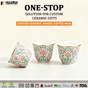 Ensemble de tasses à café en céramique de luxe au design moderne du Moyen-Orient et de style arabe tasse Qahwa florale tasse <span class=keywords><strong>Kawa</strong></span> en porcelaine avec bord doré - Product Image 3