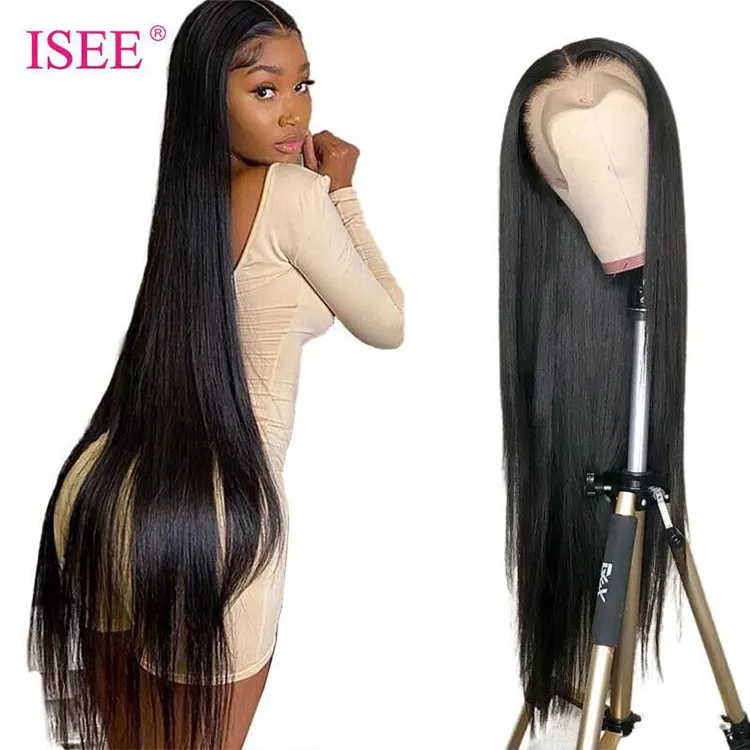 ISEE Transparent 28 30 32 inch HD lace front human hair wigs,cuticle aligned long inch straight 360 Lace Front Wig Vendors