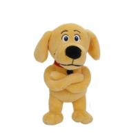 Peluche chien jaune debout de dessin animé avec collier rouge, jouet en coton PP, poupée en peluche personnalisée OEM ODM, cadeau chiot en peluche