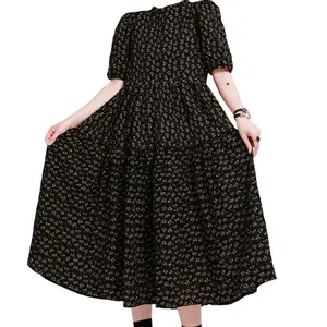 Dark floral dress Floral large hem long dress French elegant crew neck puffy sleeve T-shirt dress