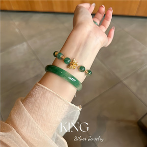 Jadeite Butterfly <b>Bracelet</b> S925 Sterling Silver Gold Plated Green <b>Beads</b> Women Everyday Wear - Product Image 4