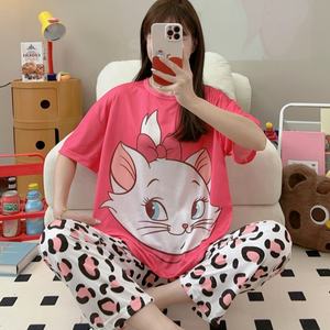 Ensemble de Pyjama Deux Pièces pour <span class=keywords><strong>Femme</strong></span>, Pantalon Court à Manches Courtes, Col Rond, Style Coréen, Dessin Animé d'Été, Vêtements de Nuit et d'Intérieur Économiques - Product Image 1