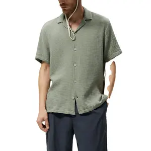 Nouveau style de chemise à manches courtes en coton et lin avec broderie et logo personnalisé respirant vintage pour hommes