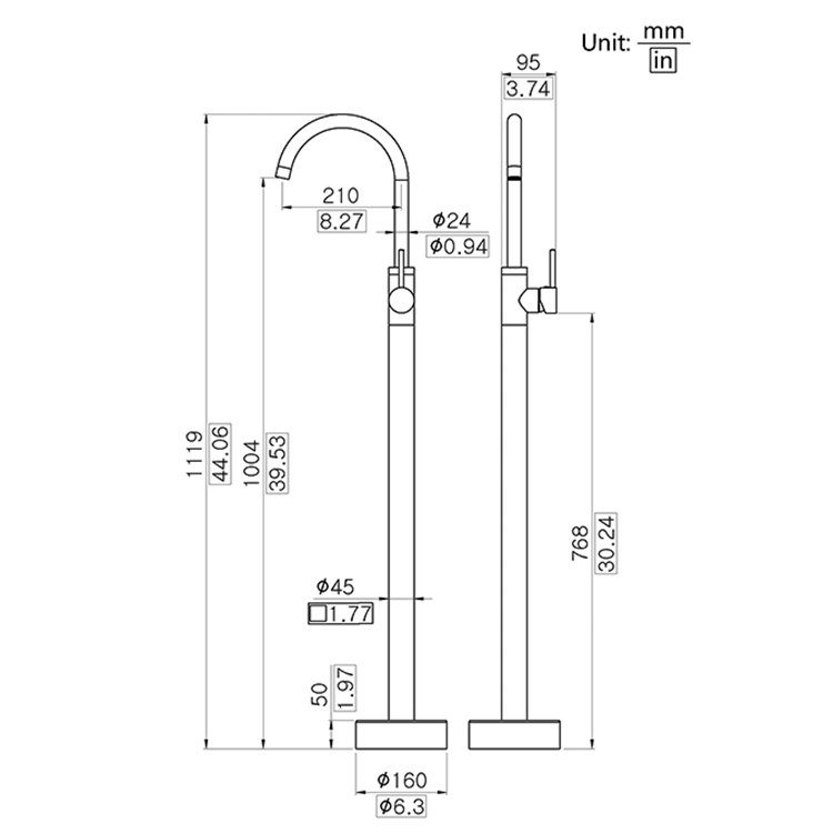 Sanitary Ware Brass Bathroom Floor Mounted Free Standing Bathtub Faucet