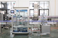 Ligne complète de remplissage, bouchage, étiquetage et emballage sous film rétractable pour liquides visqueux (huiles et détergents) avec remplisseuse à piston linéaire