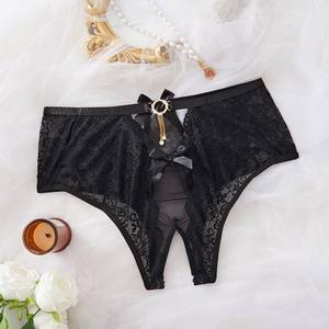 Nuevo Modelo de Lencería Sexy para Mujer, Bragas de Encaje con Abertura en la Entrepierna, con Lazos, Transparentes, con Diseño Hueco, Color Negro - Product Image 2