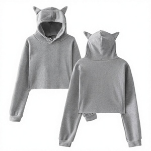 Custom Women Grey Cropped Hoodie Cute Ear Detail Hood Sweatshirt Breathable Lined Soft Cotton Pullover Short Length Streetwear - Product Image 3