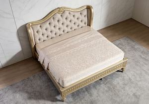 Premium Queen Size Gold Trim <b>Bed</b> With Beige Diamond Tufted Nailhead Ornate Carved Headboard For European Luxury Bedroom - Product Image 4
