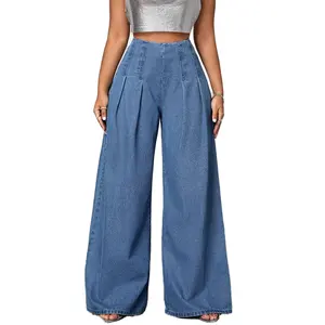 Custom Luxury Quality High Waist Casual Loose Blue Sexy Women Jeans Fashion Maxi Wide Leg Denim Pants