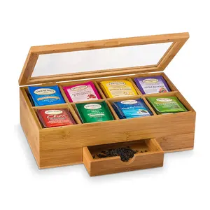 Bamboo Tea Box Organizer Wood Tea Chest with Slide-Out Drawer & Acrylic Window Wooden Gift Box