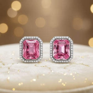 Pendientes de tuerca M.M. con gema rosa, corte esmeralda, engaste geométrico, joyería clásica de moda para fiesta para mujer, aleación - Product Image 2