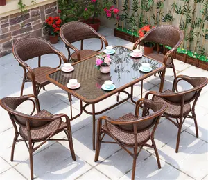 Pe Rotan Houtnerf Tuin Patio Tafel Hot Selling Waterdichte Aluminium Frame Pe Tuin Set Tuinmeubilair