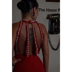 Robe de soirée longue rouge élégante avec détails perles, coupe droite fendue, style fourreau chic et simple pour femme (taille XL) - Product Image 6