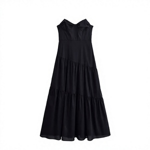 Vestido maxi negro sin mangas para mujer, cuello corazón, con volantes, corte en A, casual, de verano, de gasa, holgado, color liso, largo hasta el suelo - Product Image 2