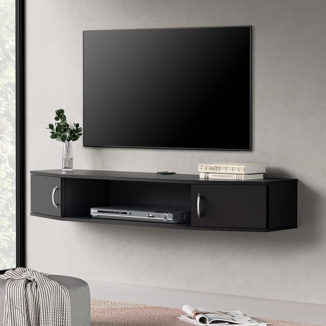 Floating Black TV Stand with Hidden Cabinet - Vintage Design and Durable Construction - Space Saving - Easy Installation