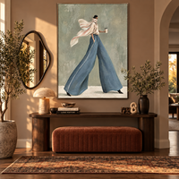 Peinture sur toile élégante de femme, pantalon large bleu, café, style de vie, art mural pour boutique, hôtel, café, bureau, décoration
