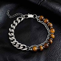 Bracelet Chaîne en Acier Inoxydable Œil de Tigre pour Hommes, Perles Facettées, Maillons Curb, Fermoir à Bascule, Bijou de Protection, Cadeau, Vente en Gros