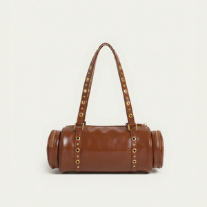 Elegante Bolso Tote Cilíndrico de Charol Marrón con Remaches, Novedad al por Mayor, Bolsos de Mano para Mujer Joven, Bolso de Hombro Diario para Mujer - Product Image 1