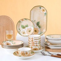 HIXIN Ensemble de 6 pièces de vaisselle en céramique émaillée à motif de camélia japonais vintage, compatible micro-ondes, pour nouilles et usage domestique
