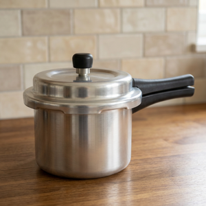 Olla a presión de aluminio de 3L con tapa exterior, válvula de seguridad y mango negro - Product Image 1