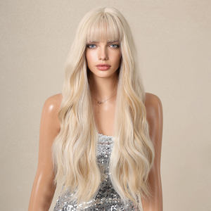 Live <span class=keywords><strong>Action</strong></span> Photo Jaune Blonde Obrem Wave <span class=keywords><strong>Perruque</strong></span> Frange Bouclée Mat Mélange Haute Densité Résistant À La Chaleur Fibre Layered <span class=keywords><strong>Perruque</strong></span> Rayée - Product Image 2