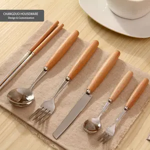 Única cuchara de Metal/cuchillo/horquilla palillos con mango de madera cubiertos japonés vajilla utensilios de cocina personalizado comerciales cubiertos