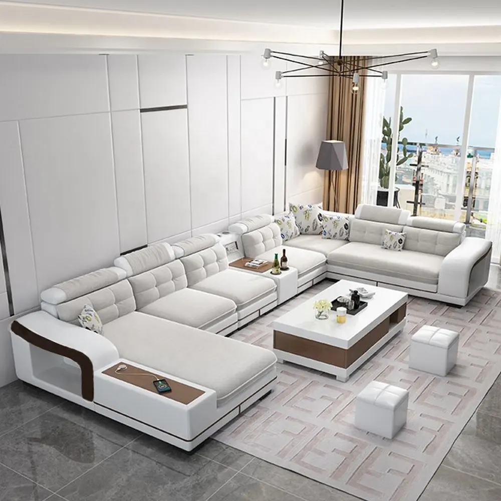 Sofá de couro de luxo modular, moderno, em couro, formato em u, tecido de leathaire, conjunto de sofás para sala de estar, móveis para casa