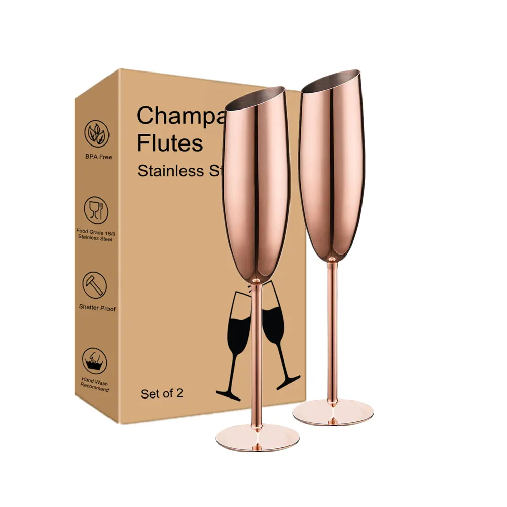 18/8 Stainless Steel Champagne Flutes Glass Set of 2, 8 oz Unbreakable BPA Free Champagne gold Wine Glasses for Wedding Parties