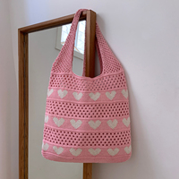Sac fourre-tout en tricot à rayures cœur, cœurs rouges, maille ajourée ivoire, sac de plage coucher de soleil, personnalisable avec logo, faible MOQ, B2B