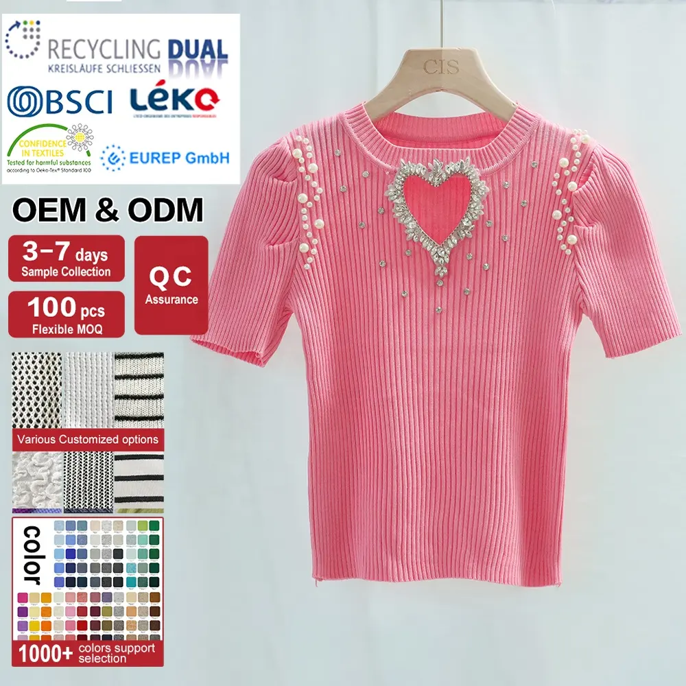 OEM/ODM T-shirt perlé personnalisé pour les femmes de haute qualité o cou à manches courtes tricoté creux haut filles t-shirts fabricant