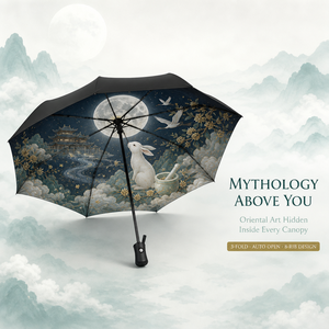 Parapluie pliant mythologie orientale, impression intégrale du dessin du Lapin de Jade, ouverture manuelle, 8 baleines, polyester, pour adulte, usage voyage - Product Image 4