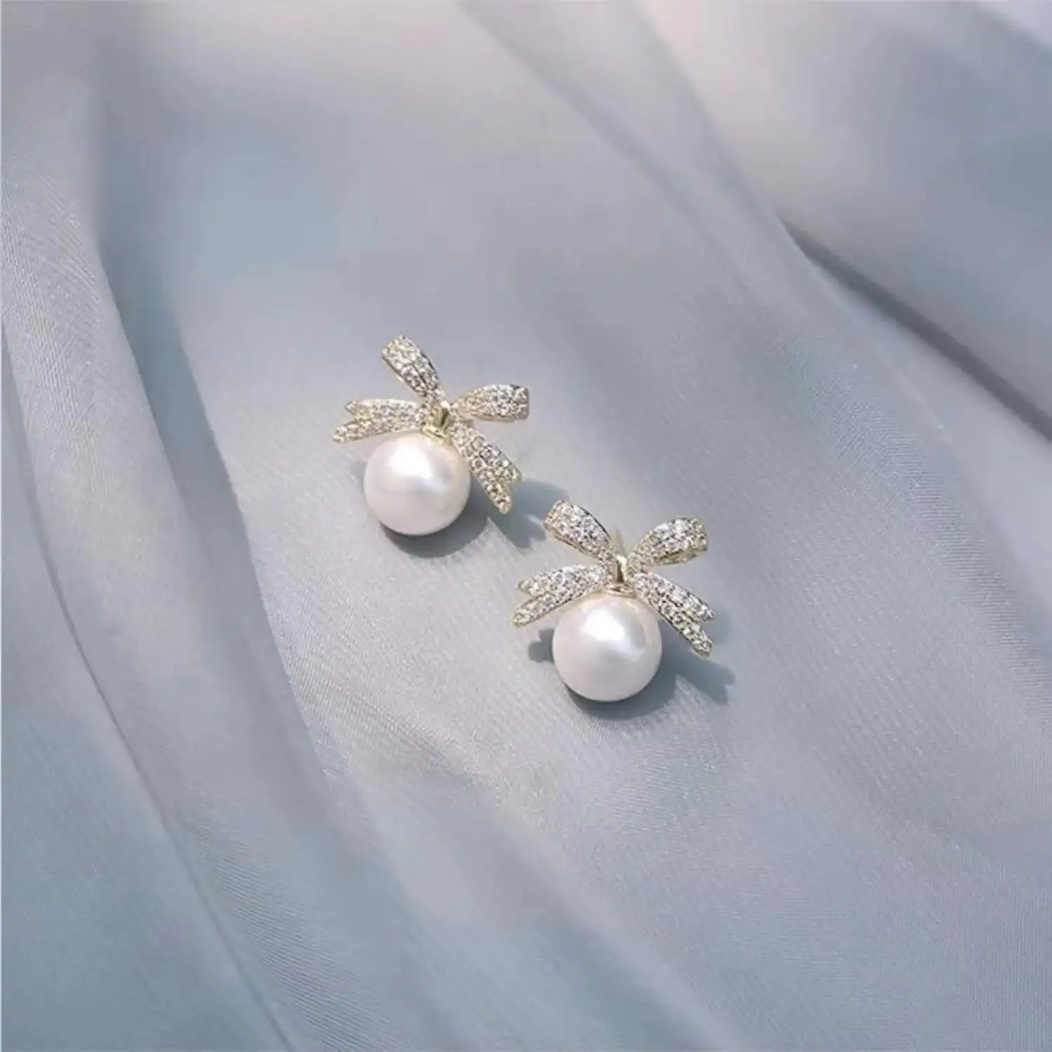 18K genuine gold eco-friendly butterfly earrings  pearl bow earrings for women's romantic zircon butterfly earrings