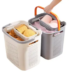 Пластиковая корзина для белья со съемной коробкой для нижнего белья и ручками для прачечной в ванной комнате