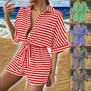 Women Striped Short Sleeve Jumpsuit With Belted Waist Turn-<b>down</b> Collar Loose Fit Above Knee Casual Beach Wear Spring Summer - Product Image 2