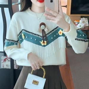 Tops de moda para mujer, prendas de punto explosivas, cuello redondo, borlas, ropa de flores, bloque de Color, patrón de letras, lazo con apliques, nuevo - Product Image 3