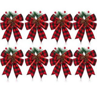 Hiasan Pohon Natal Liontin Jarum Pinus Buah Merah Beludru Hitam Motif Kotak-kotak Pinggiran Pita Bentuk Bunga Klasik