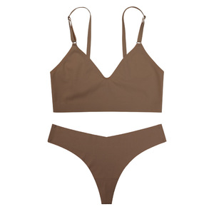 Conjunto de lencería para mujer, <span class=keywords><strong>sujetador</strong></span> inalámbrico con corte láser y bragas con espalda en T, camiseta sin mangas transpirable sin costuras a prueba de golpes para Yoga <span class=keywords><strong>deportivo</strong></span> - Product Image 5