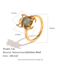 Bague tendance pour femme en acier inoxydable plaqué or 18 carats, motif scarabée en aventurine grise, style niche Europe et Amérique