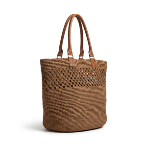Sac fourre-tout en raphia tressé à la main avec pompon, fermeture éclair durable, doublure en coton – Sac à bandoulière au crochet pour la plage, les voyages et l'usage quotidien - Product Image 3