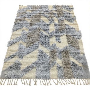 Tapis géométrique marocain fait main, rectangulaire, en laine N/Z, à poils longs, style bohème, avec envers en coton, épaisseur moyenne, pour salon - Product Image 1