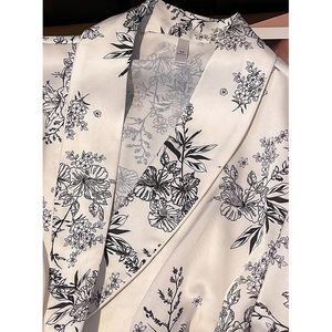 Luxury Oriental Style Silky Pajamas for Women Floral Loungewear with Lace Trim Black &amp; White <strong>Thermal</strong> <strong>Pyjamas</strong> for Summer &amp; Spring - Product Image 3