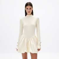 Nouvelle Robe Mini Femme Élégante Blanc Cassé Col Montant Manches Longues Boutons Dorés Poignets Plissés Jupe Bouffante Personnalisée Vente en Gros