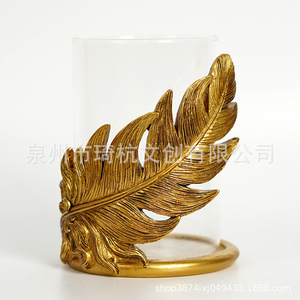 Gold Resin <b>Candle</b> Holder <b>Set</b> Tropical Leaf Design Home Decoration For Living Room Craft Ornament With Glass Jar - Product Image 5