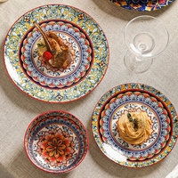 Service de vaisselle en céramique de style bohème marocain - Assiettes et bols colorés peints à la main pour la maison, la cuisine, le restaurant et les fêtes