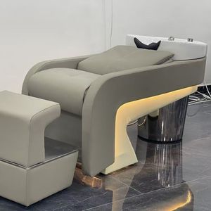 Sillón de Lavado de Cabello Moderno Color Beige, con Asiento de Cuero PU y Taburete, para Salón de Belleza - Product Image 2