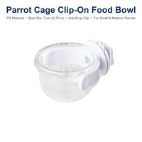 Mangkuk Makanan Burung Clip-On OEM ODM Parrot, Transparan PS, untuk Burung dan Hewan Kecil, Warna dan Kemasan Sesuai Pesanan
