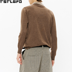 Custom Double Collar Knit <b>Shirt</b> <b>Men</b> <b>Brown</b> Tan Contrast Wool Blend Long Sleeve <b>Men'S</b> <b>Shirts</b> Manufacturers Bulk - Product Image 3