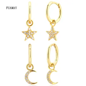 FUAMAY Aretes 18 Karat vergoldetes Silber 925 Creolen Mond und Stern Anhänger Ohrringe